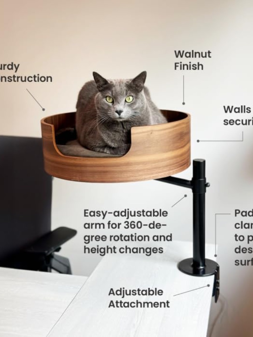 The Original Desk Mounted Cat Bed Attachment – Walnut Wood & White oak